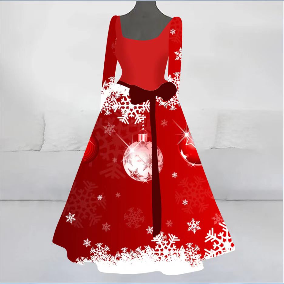 Women's Retro Christmas Element Printed Long Dress