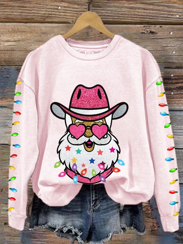 Women's Christmas Glitter Bling Santa with Sunglasses Cheerful Sparkly Glitter Christmas Printed Sweatshirt
