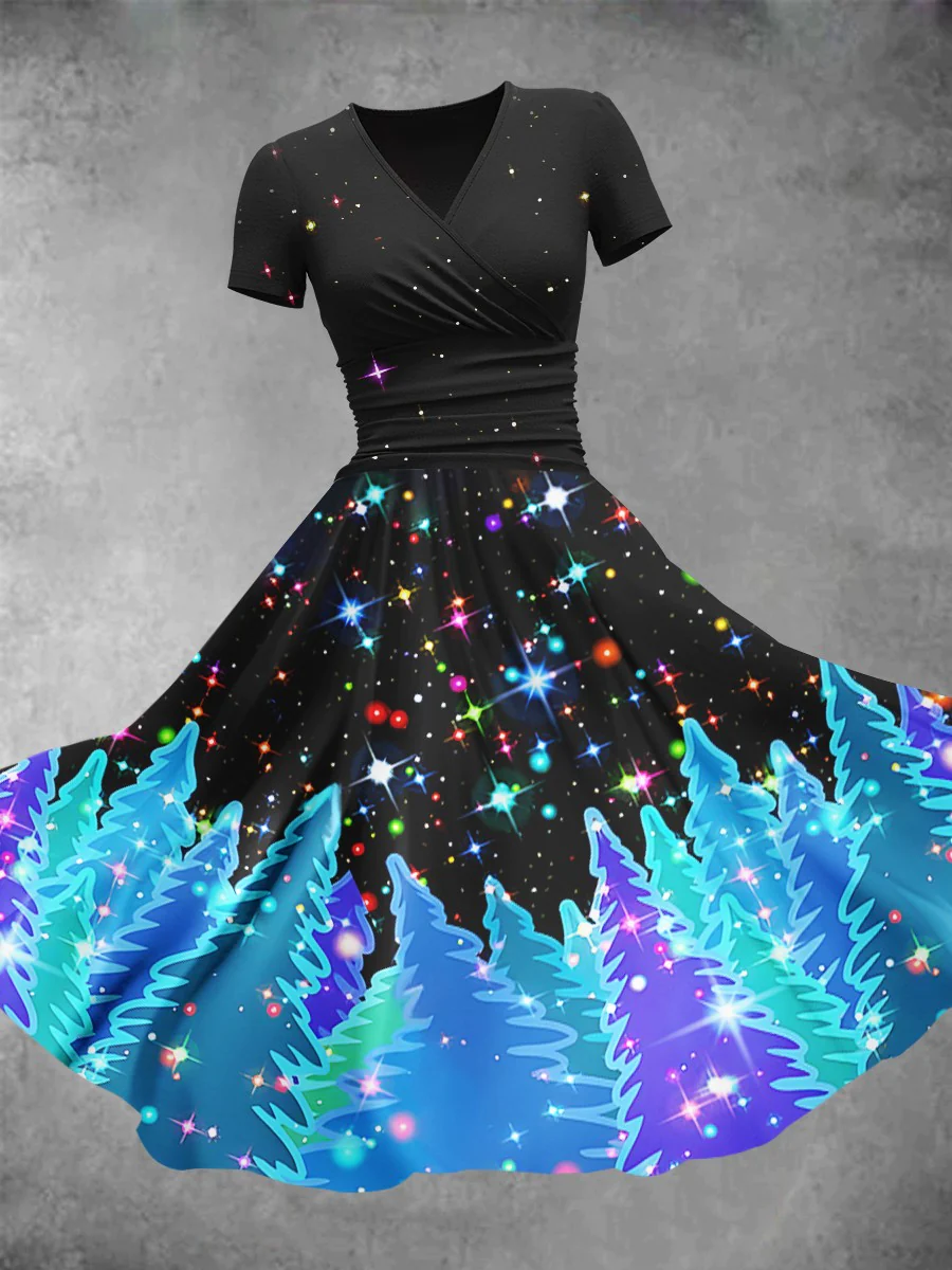 Womens Christmas Tree Forest with Snowflakes and Shining Stars Christmas Design Maxi Dress