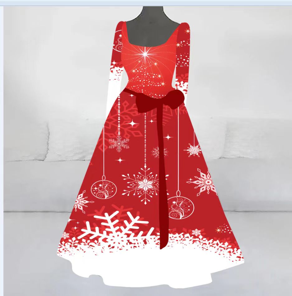 Women's Retro Christmas Element Printed Long Dress