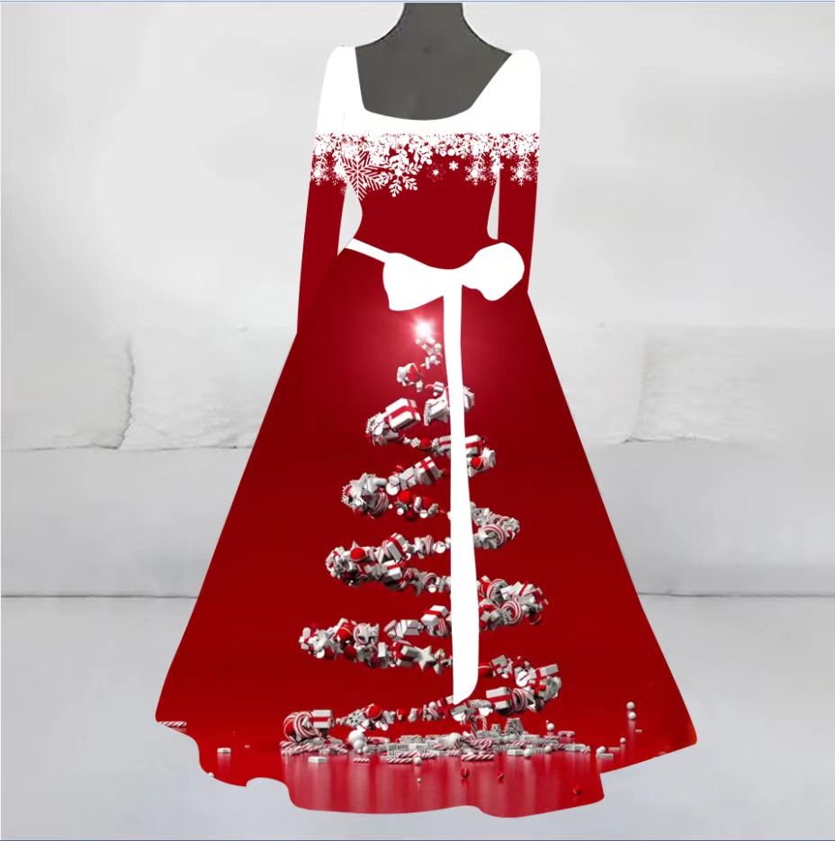 Women's Christmas Tree Element Printed Long Dress