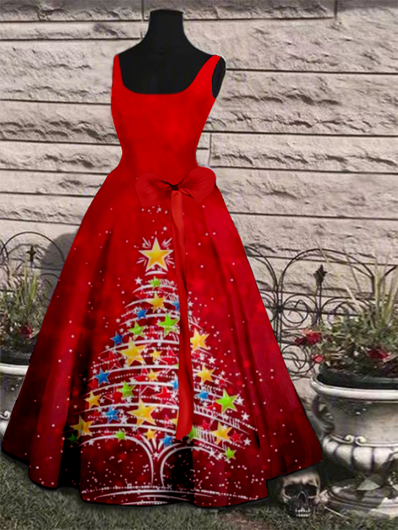 Women's Casual Santa Claus Printed Long Red Dress