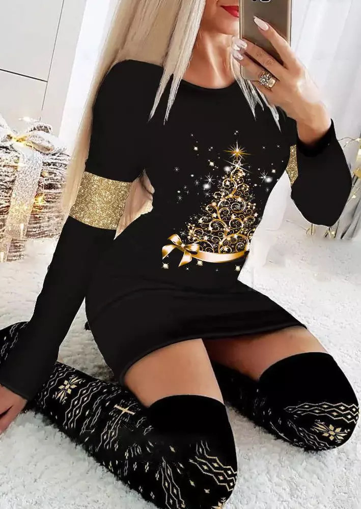 Christmas Tree Glitter Bodycon Dress - Black