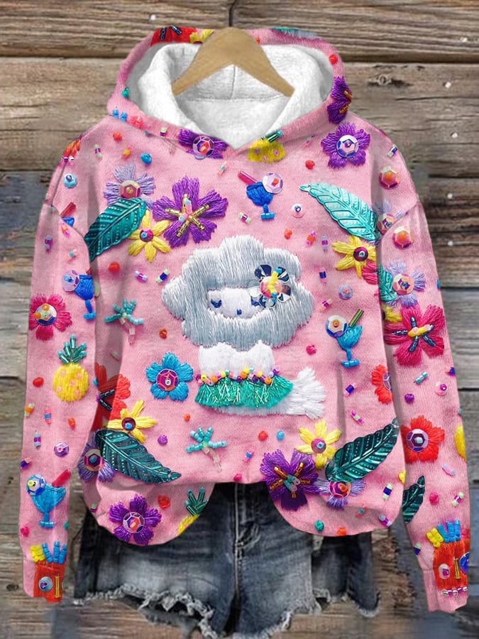 Women's Pink Floral Christmas Print Long Sleeve Hoodie