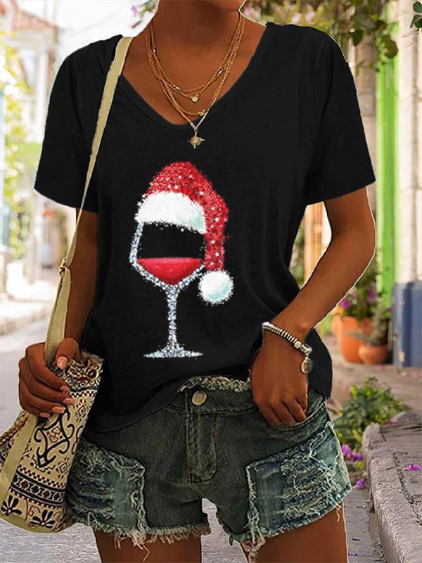 Women's Christmas Red Wine Glass With Santa Hat Casual V-Neck Tee