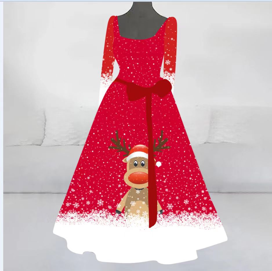 Women's Retro Christmas Deer Element Printed Long Dress