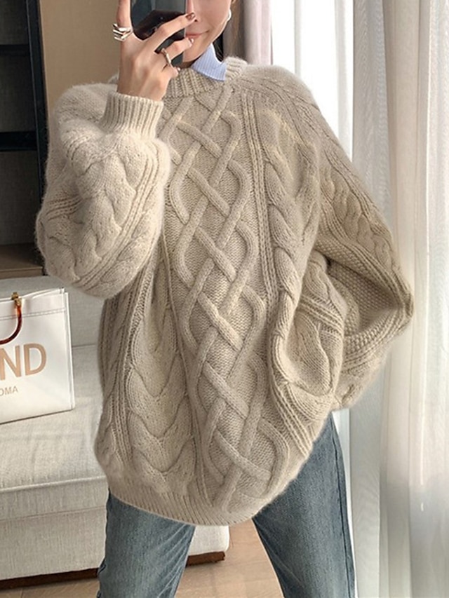 Women's Pullover Sweater Jumper Cable Knit Tunic Knitted Solid Color Crew Neck Casual Soft Outdoor Daily Drop Shoulder Winter Fall Yellow Fuchsia One-Size