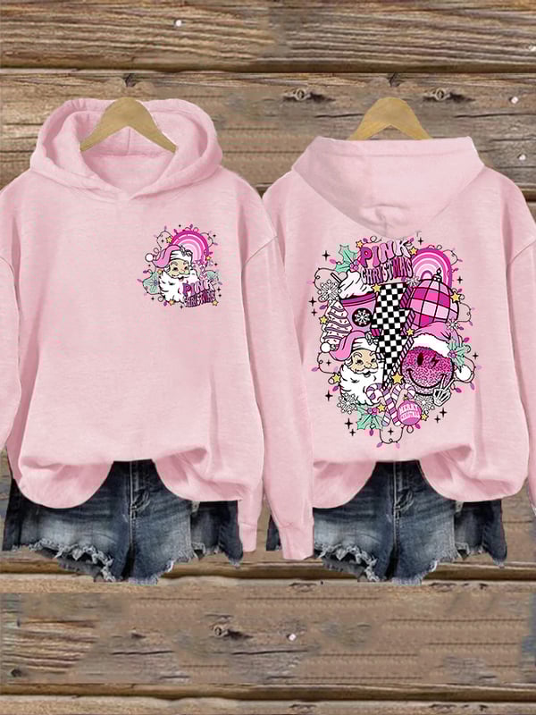Women’s Merry Christmas Retro Pink Christmas Pink Santa Claus Printed Hoodie