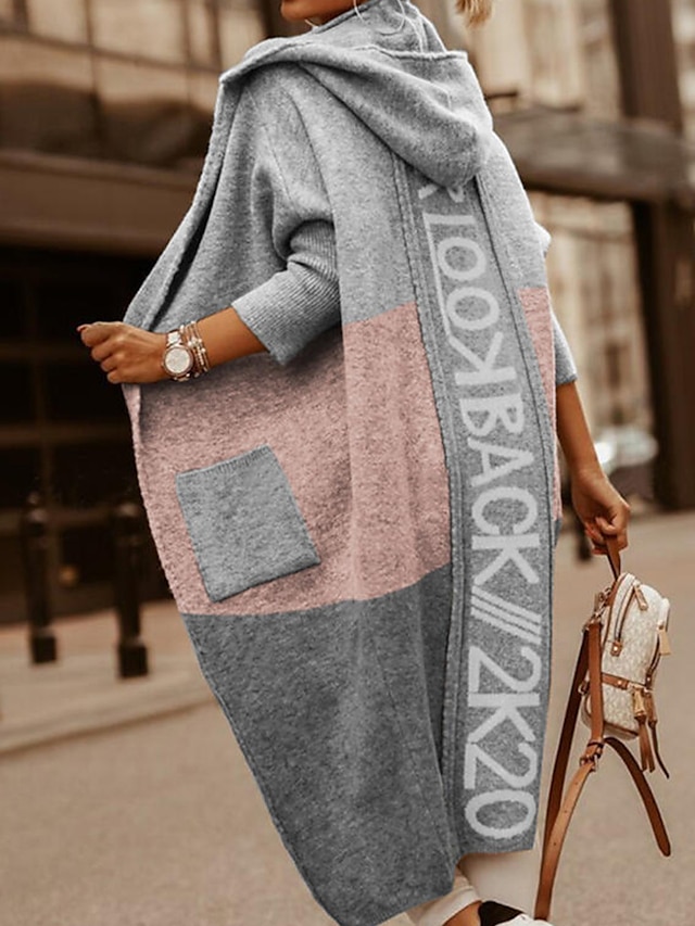 Women's Cardigan Sweater Jumper Crochet Knit Tunic Pocket Knitted Color Block Hooded Stylish Casual Daily Holiday Winter Fall Gray S M L / Long Sleeve / Regular Fit / Print