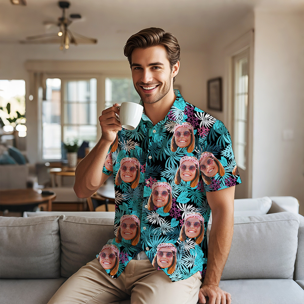Custom Couple Hawaiian Shirts With Tropical Plant Face Aloha Shirts