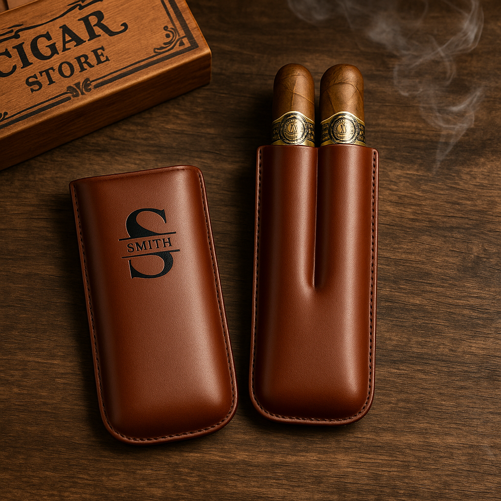 Custom Name Leather Cigar Travel Case for 2 Cigars, Personalized Gift for Him or Dad - MyhawaiianshirtsUK
