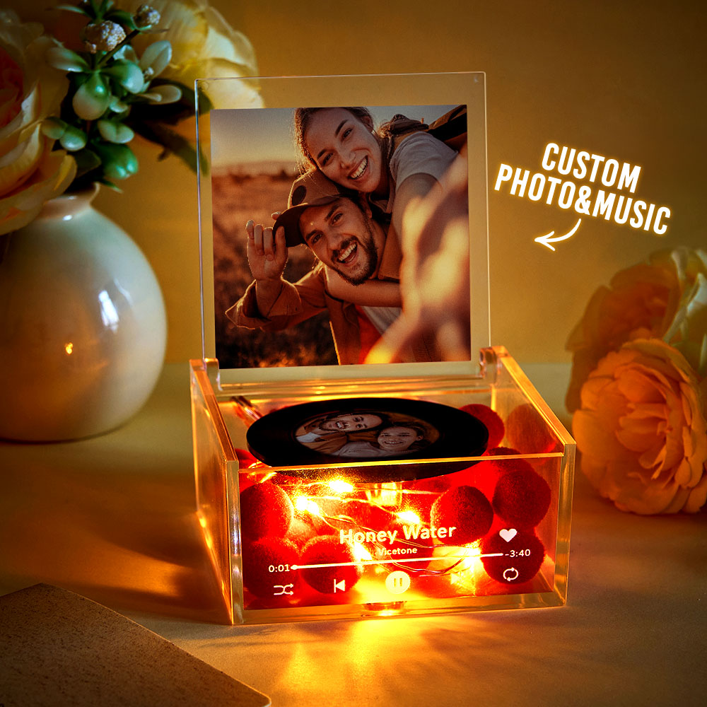 Mini Music Record Player Custom Photo with Light Personalized Music Acrylic Box - MyhawaiianshirtsUK