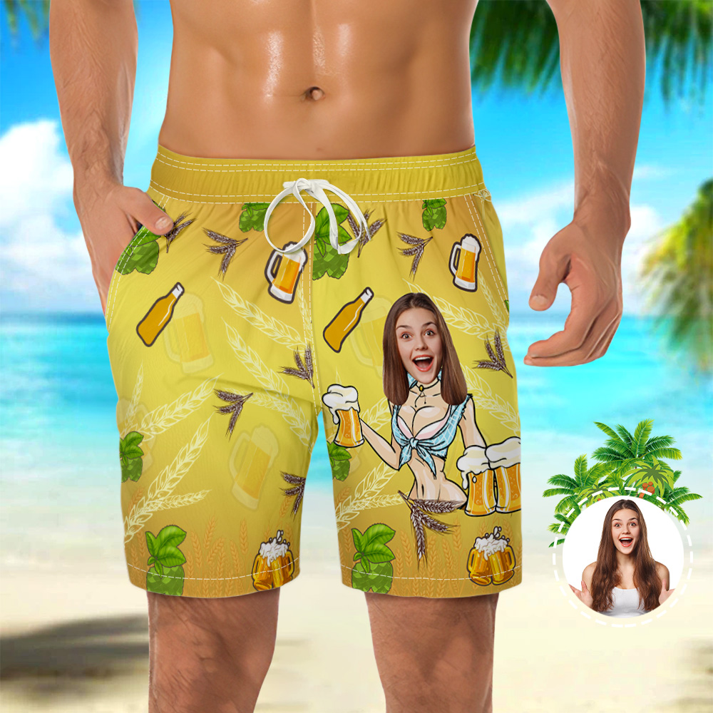 Men's Custom Face Beach Trunks Shorts Personalized Beer Yellow Trunks Gift For Him - MyhawaiianshirtsUK