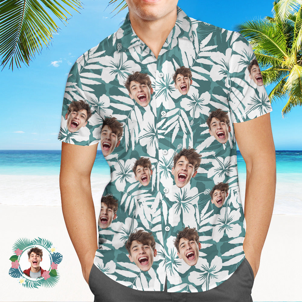Custom Men's Shirt Face All Over Print Hawaiian Shirt White Green Large Leaves - MyhawaiianshirtsUK