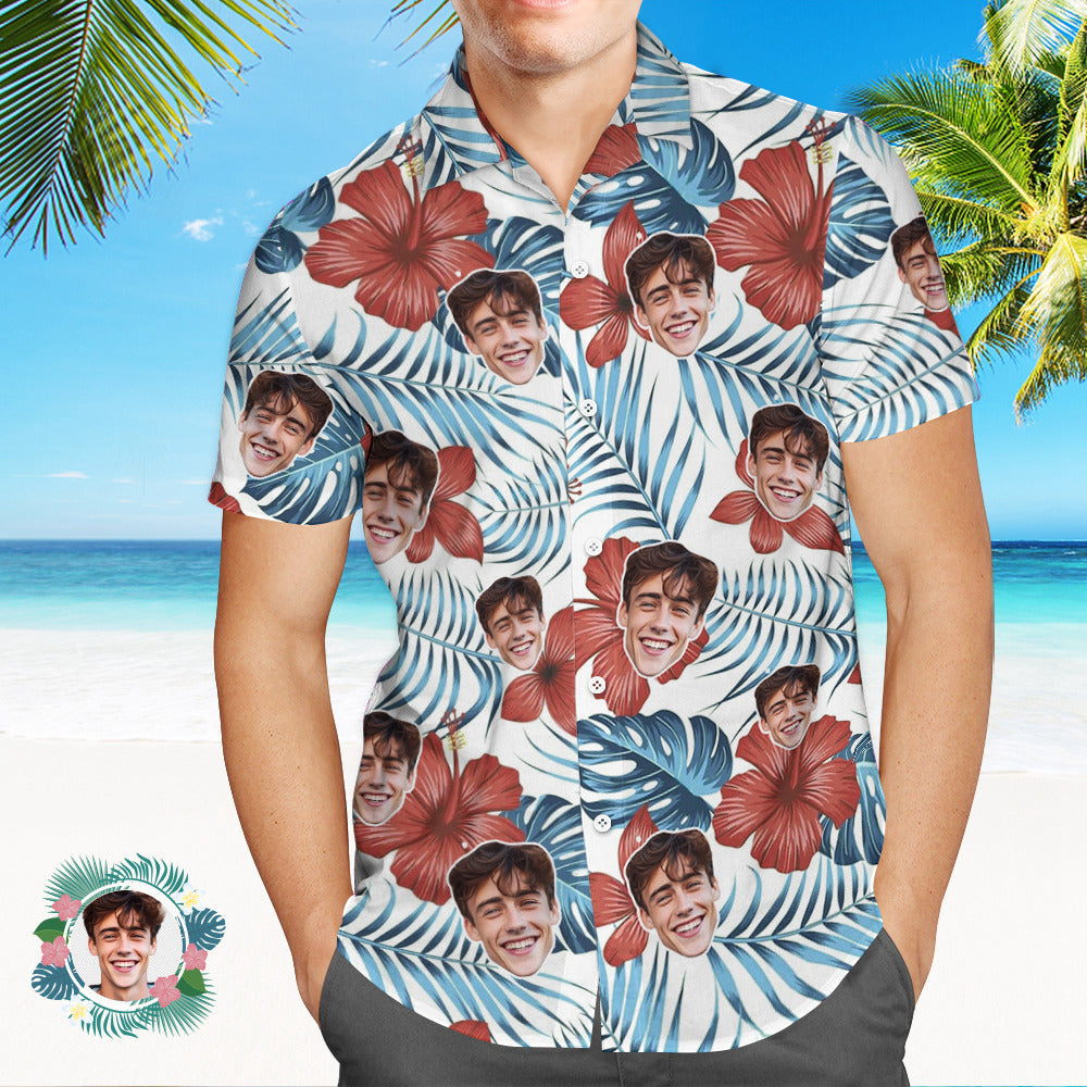 Custom Men's Shirt Face All Over Print Hawaiian Shirt White Hibiscus - MyhawaiianshirtsUK