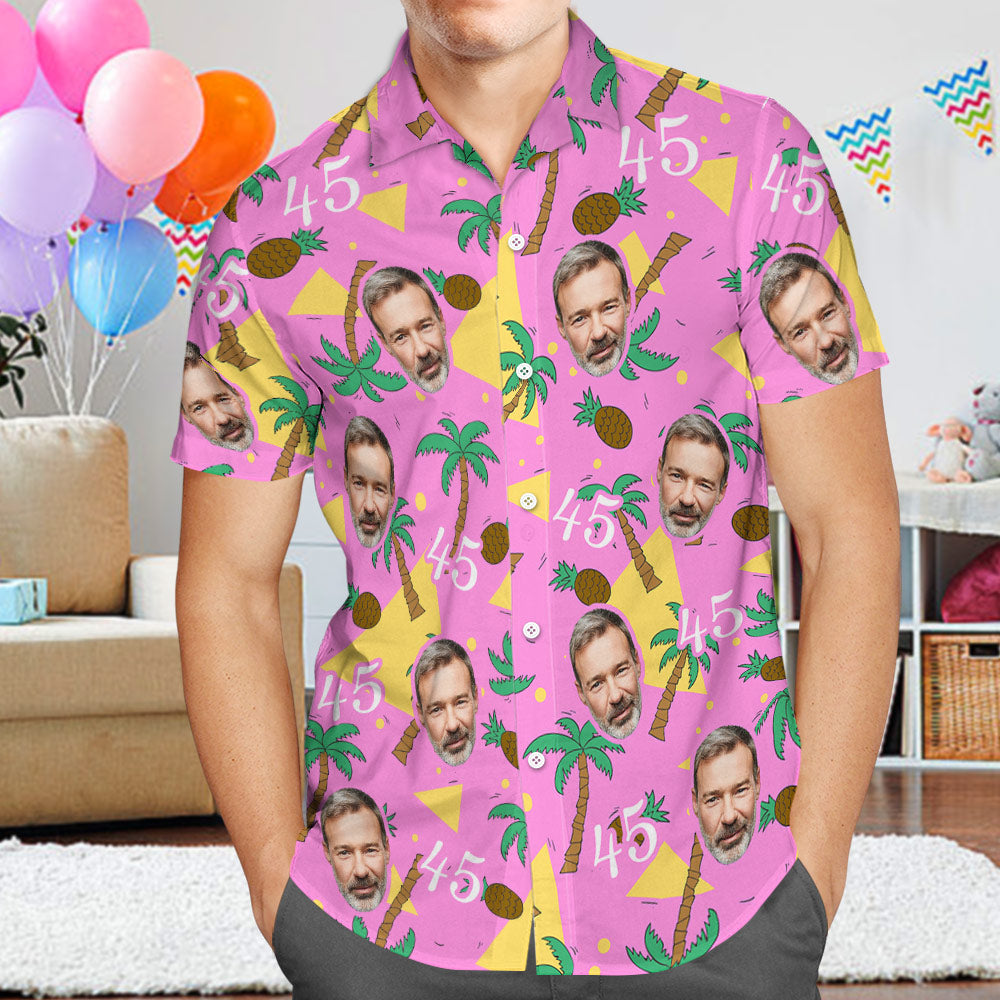 Custom Multi-color Face and Numbers Hawaiian Shirt Father's Day Birthday Present Coconut Tree and Pineapple Gift for Dad - MyhawaiianshirtsUK