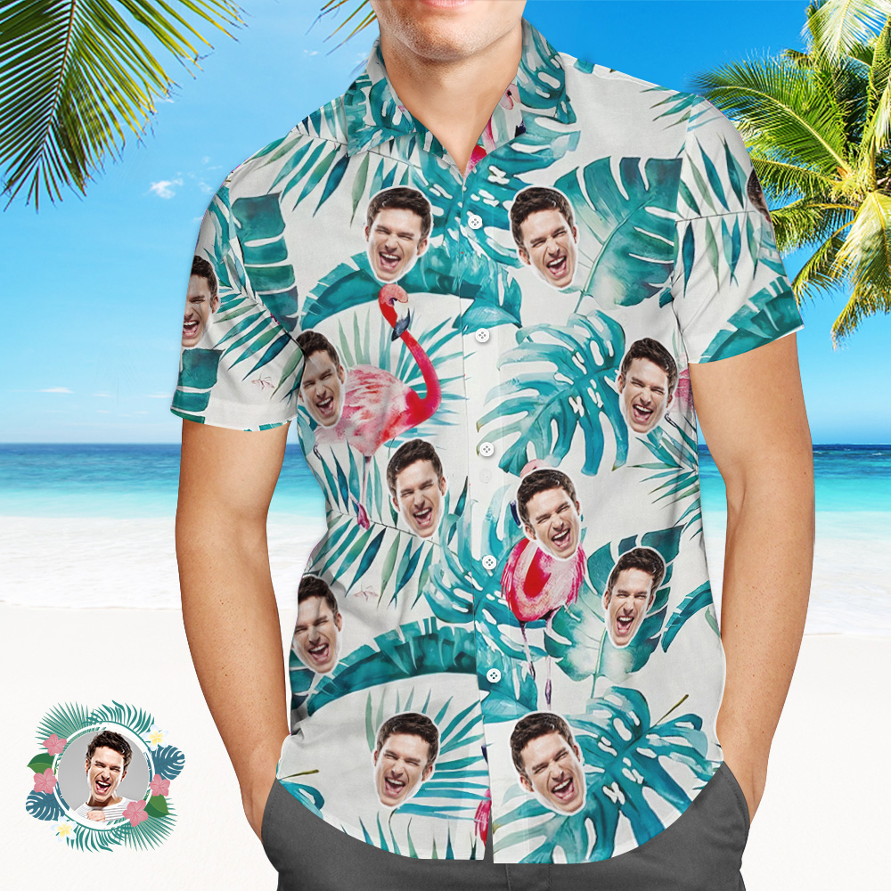 Custom Photo Hawaiian Shirt Personalized Face Flamingo Green Leaves Hawaiian Shirt - MyhawaiianshirtsUK