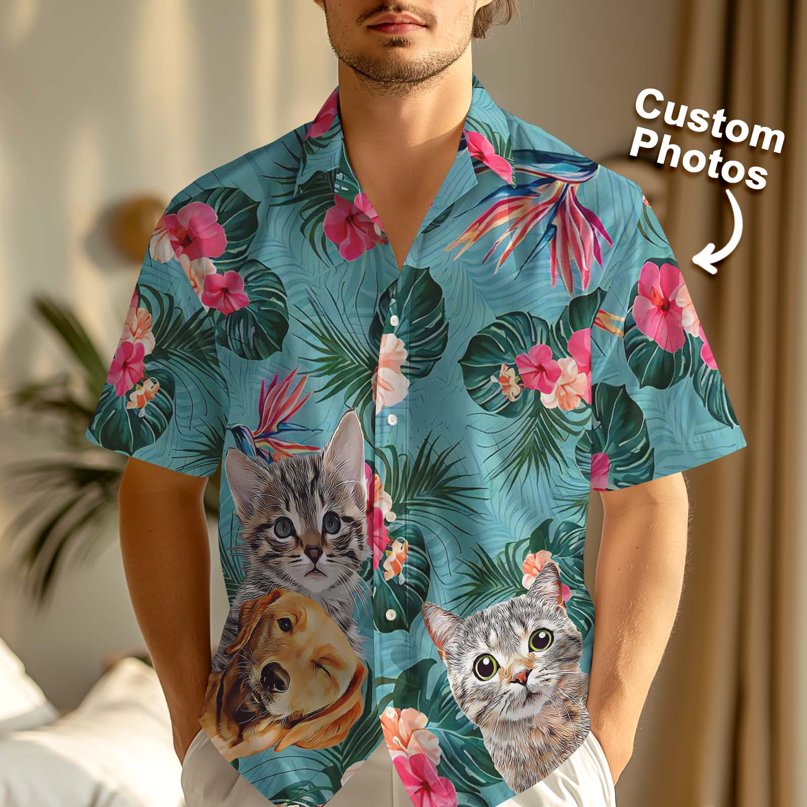 Custom Hawaiian Shirts Cartoon Effect Pet Photo Flowers And Leaves Personalized Face Hawaiian Shirt Gifts For Him - MyhawaiianshirtsUK