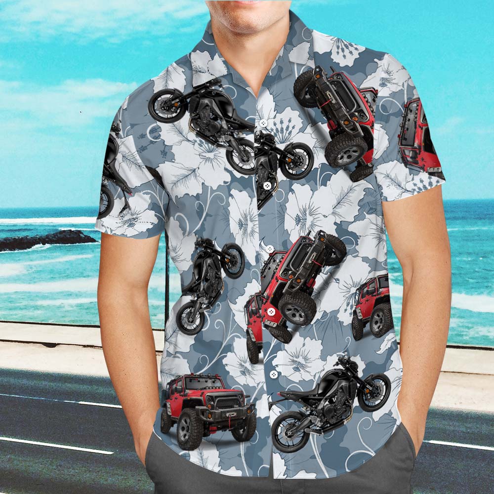 Upload Car/Motorcycle Photo Custom Hawaiian Shirts 1-3 Photos Flowers and Leaves Aloha Beach Shirt For Him - MyhawaiianshirtsUK