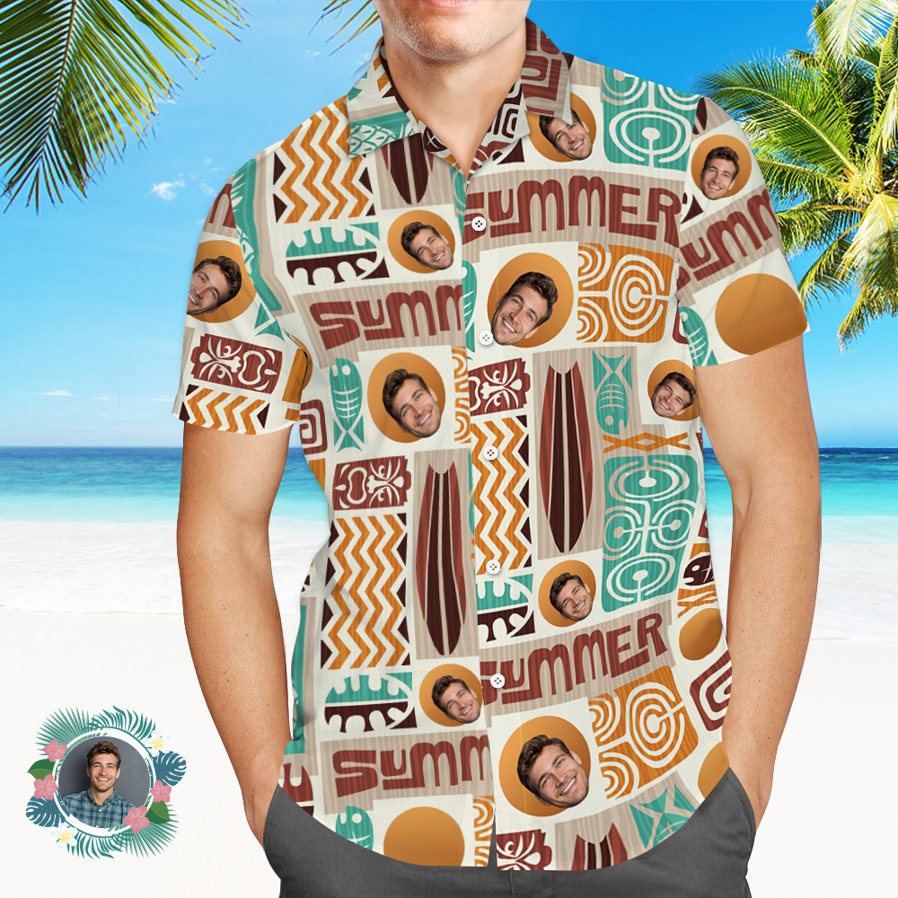 Father Custom Face With Exotic Tiki Pattern Personalized Photo Hawaiian Shirt - MyhawaiianshirtsUK