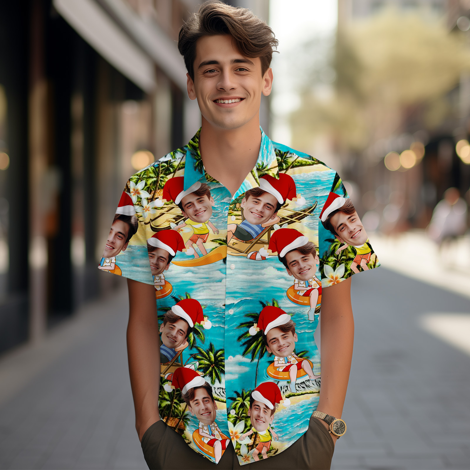 Custom Christmas Face Button-down Shirts Custom Face  Beach Hawaiian Shirts Gifts For Him