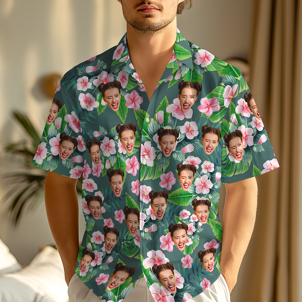 Custom Face Pink Hibiscus Green Hawaiian Shirt Tropical Personalized Gift for Him, Anniversary, Honeymoon or Poolside Fun - MyhawaiianshirtsUK