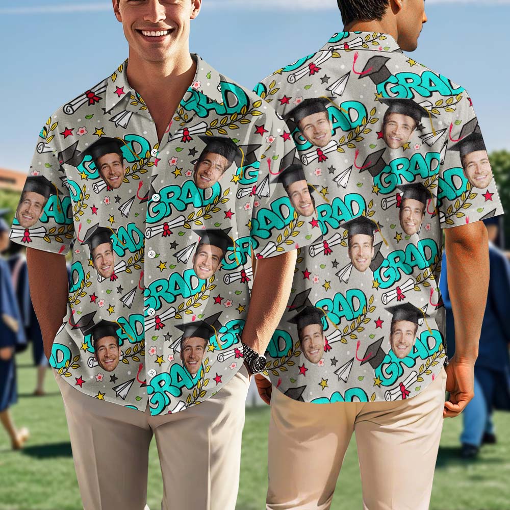 Custom Hawaiian Shirts Personalized Grad-Themed Aloha Shirt – Doodles & Face All-Over Print - MyhawaiianshirtsUK