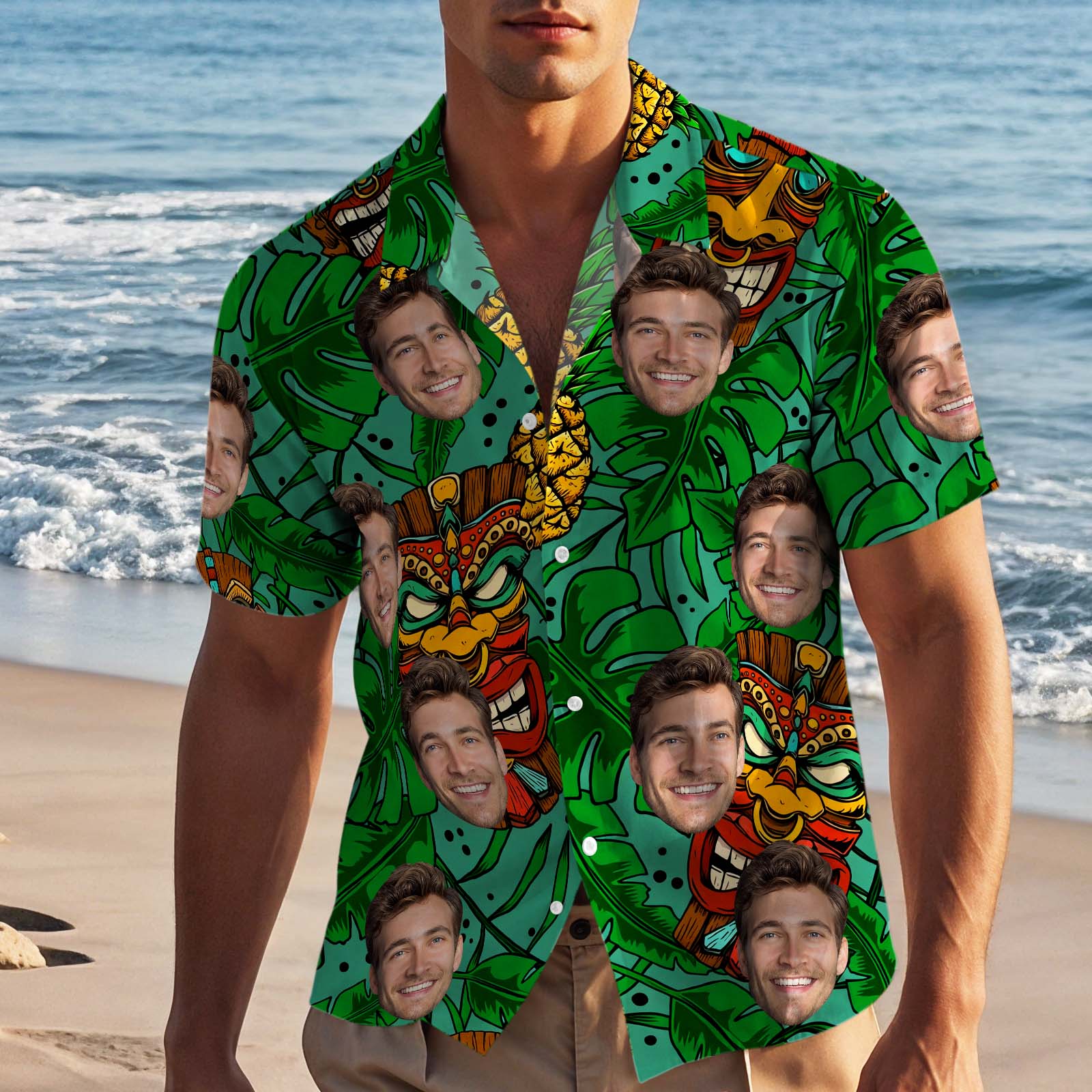 Custom Face Tiki Hawaiian Shirt Tropical Green Vacation Aloha Beach Shirt for Men, Funny Summer Gift - MyhawaiianshirtsUK