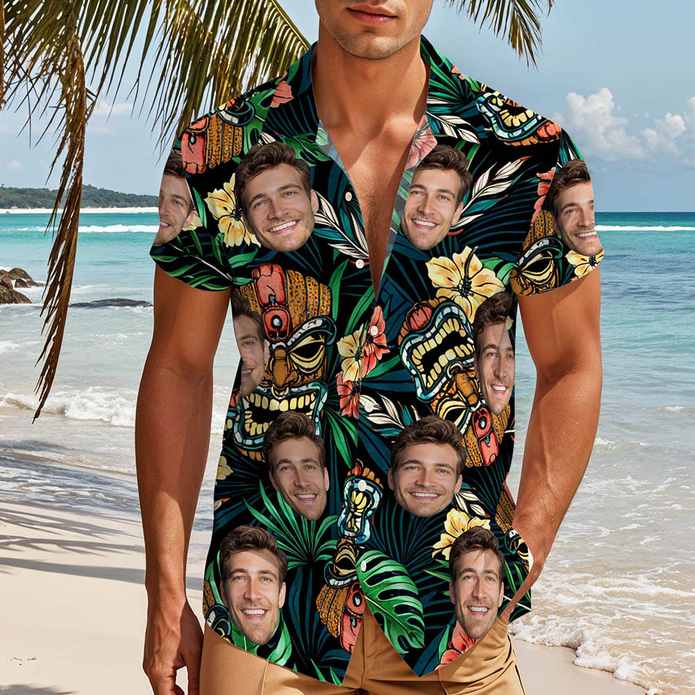 Custom Face Shirt Tiki Tropical Palm Personalized Hawaiian Aloha Shirt Vacation Party Outfit for Men - MyhawaiianshirtsUK