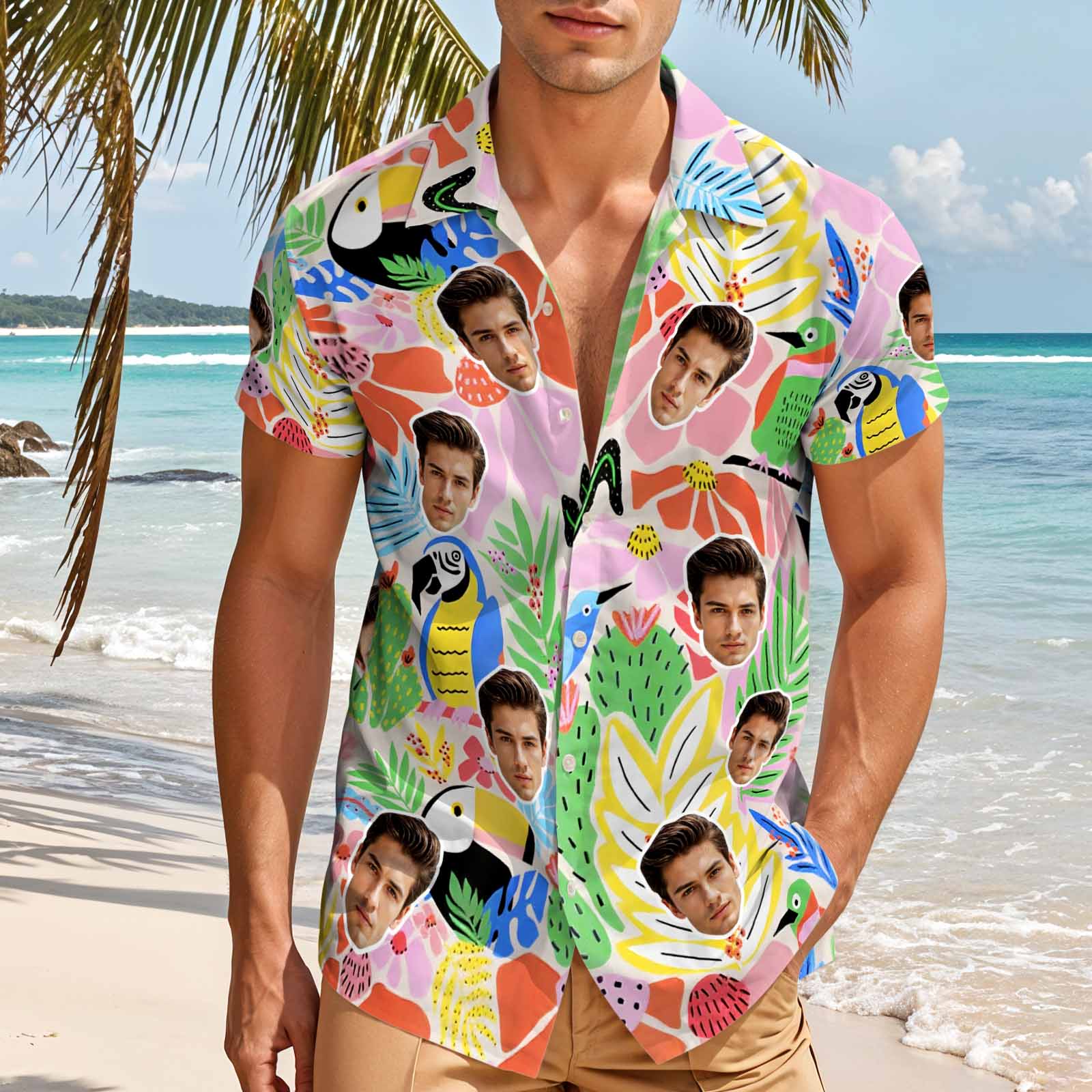 Colorful Tropical Custom Face Hawaiian Shirt Personalized Aloha Shirt Summer Beach Party Outfit for Men - MyhawaiianshirtsUK