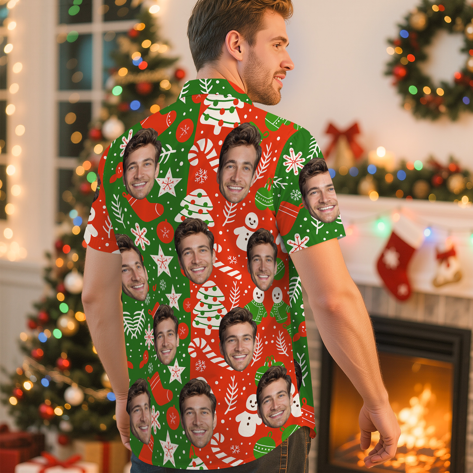 Custom Face Christmas Hawaiian Shirt Personalized Holiday Party Shirt Personalized Christmas Button-down Shirt