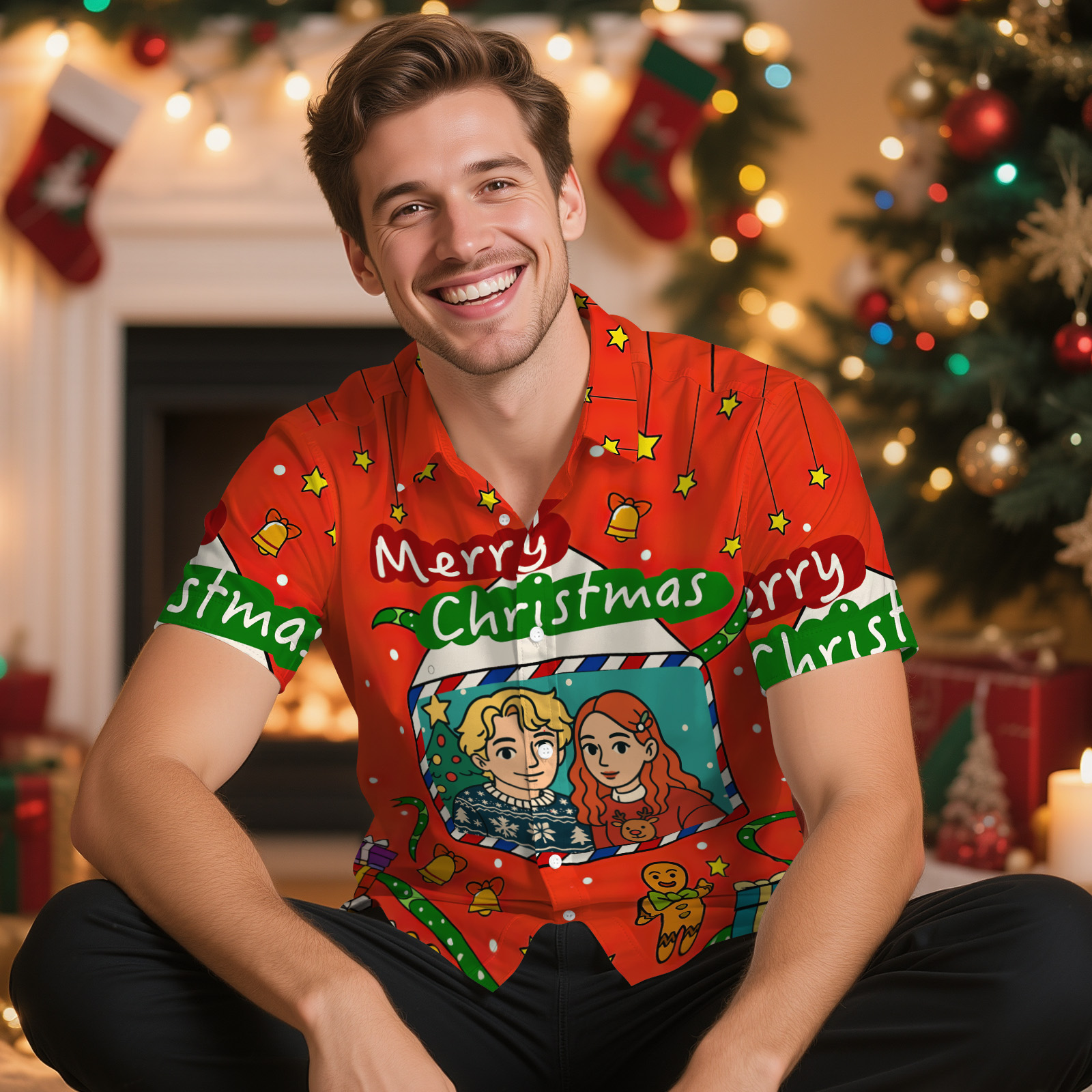 Personalized Cartoon Christmas Button-Up Shirt Custom Photo Holiday Couple Shirt