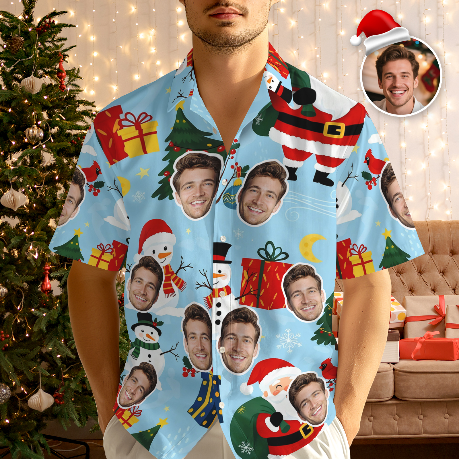 Custom Light Blue Christmas Gift Face Hawaiian Shirt Festive Icons & Personalized Faces - MyhawaiianshirtsUK