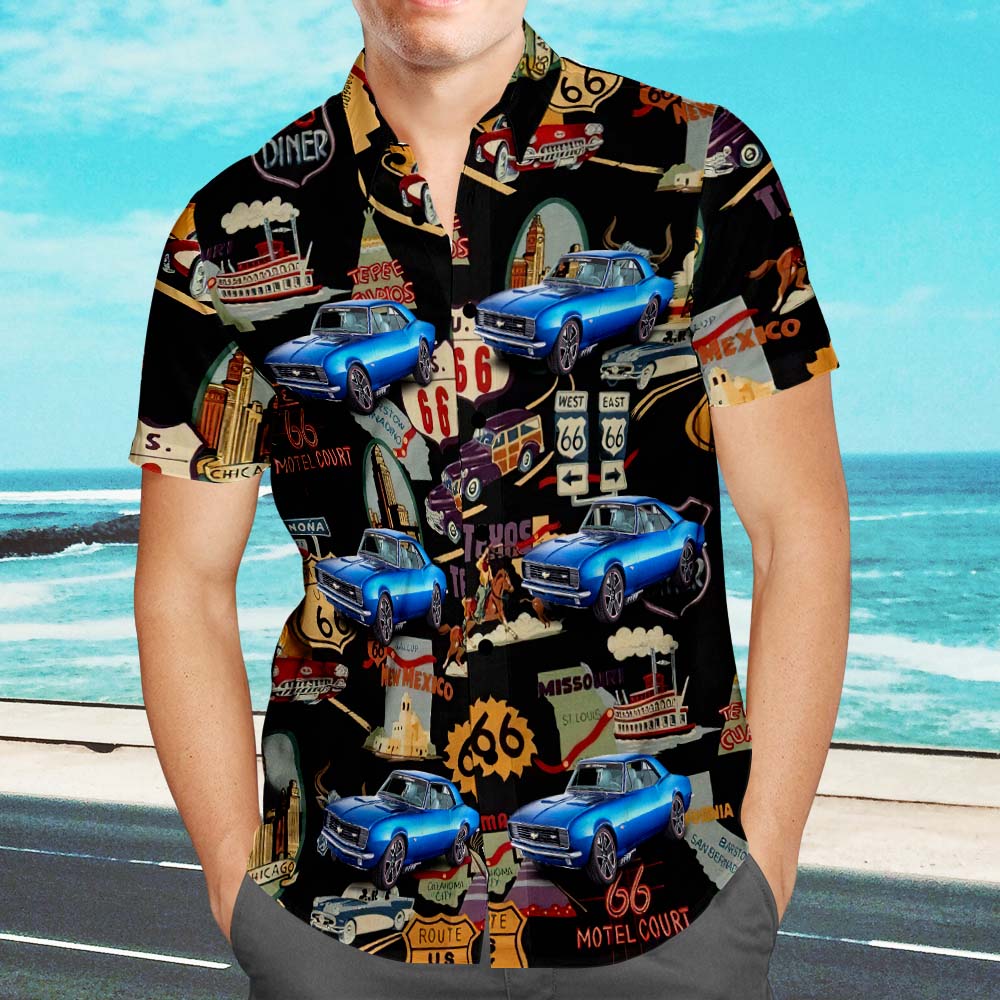 Upload Car Photo Custom Photo Hawaiian Shirt Route 66 Icons Aloha Beach Shirt Gift for Him - MyhawaiianshirtsUK
