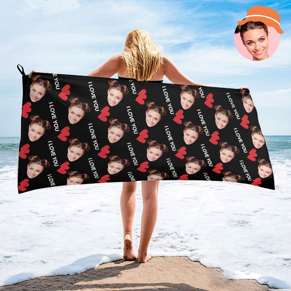 Custom Face I Love You Beach Towel Personalized Photo Beach Towel Funny Gift - MyhawaiianshirtsUK