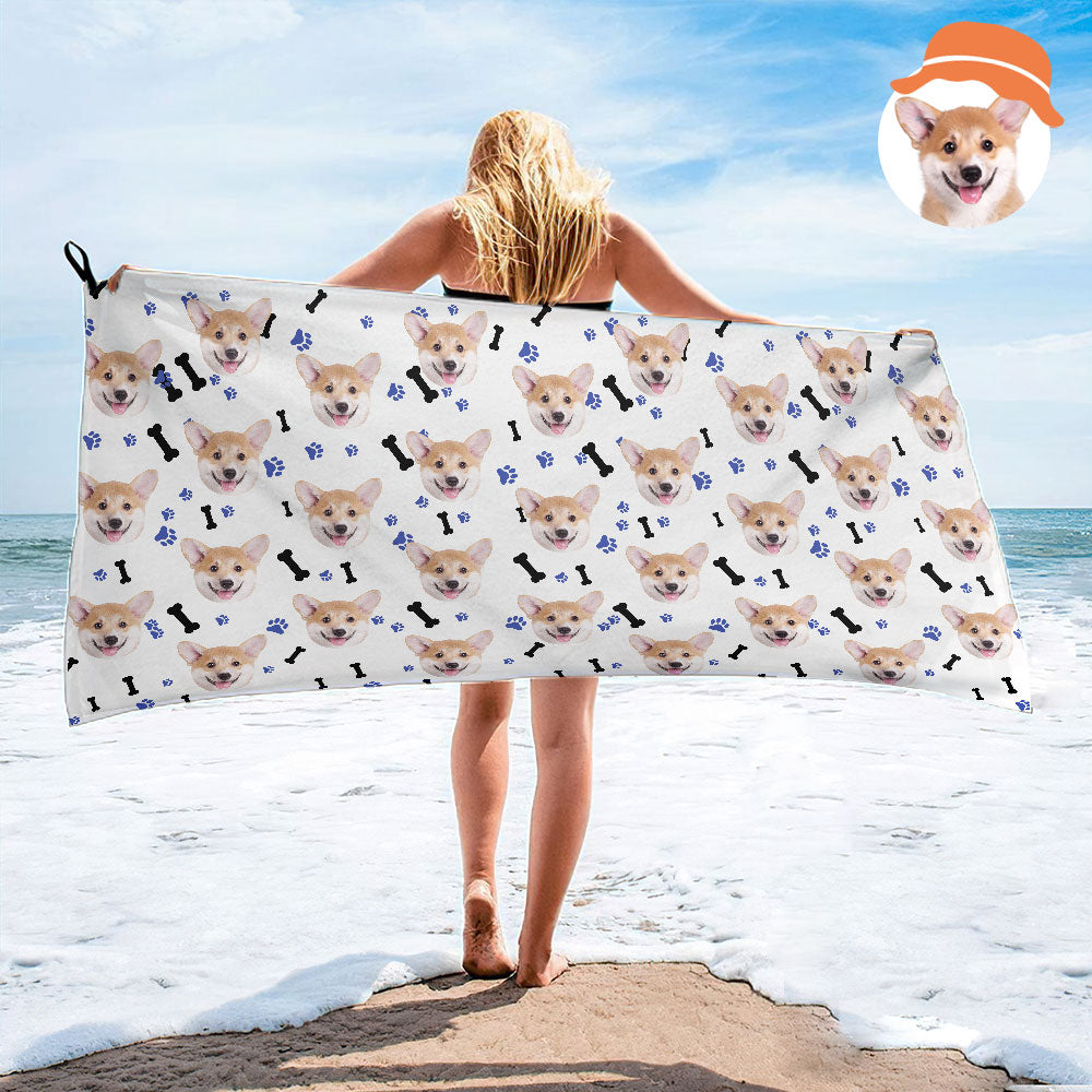 Custom Dog Faces Paw and Bone Beach Towel Personalized Photo Beach Towel Funny Gift - MyhawaiianshirtsUK