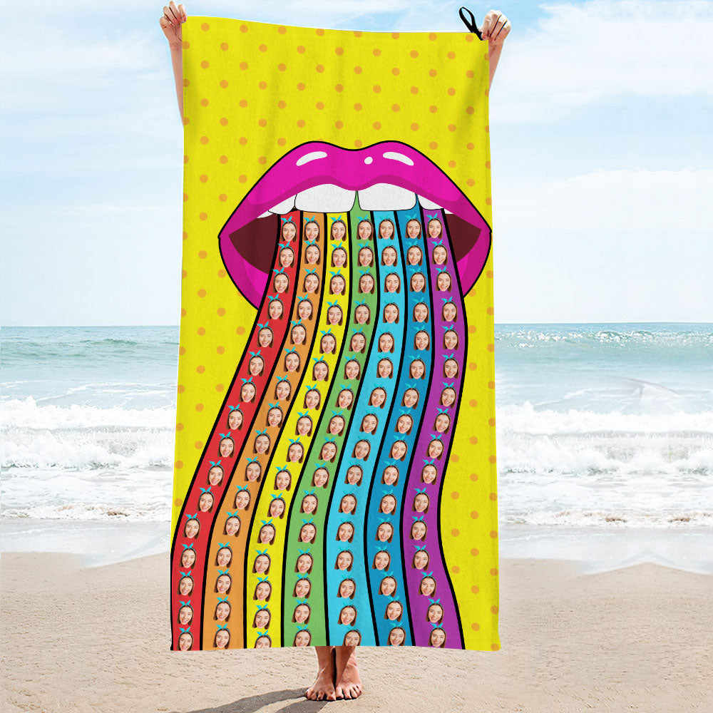 Custom Face Rainbow Tongue Beach Towel Personalized Photo Beach Towel Funny Gift - MyhawaiianshirtsUK