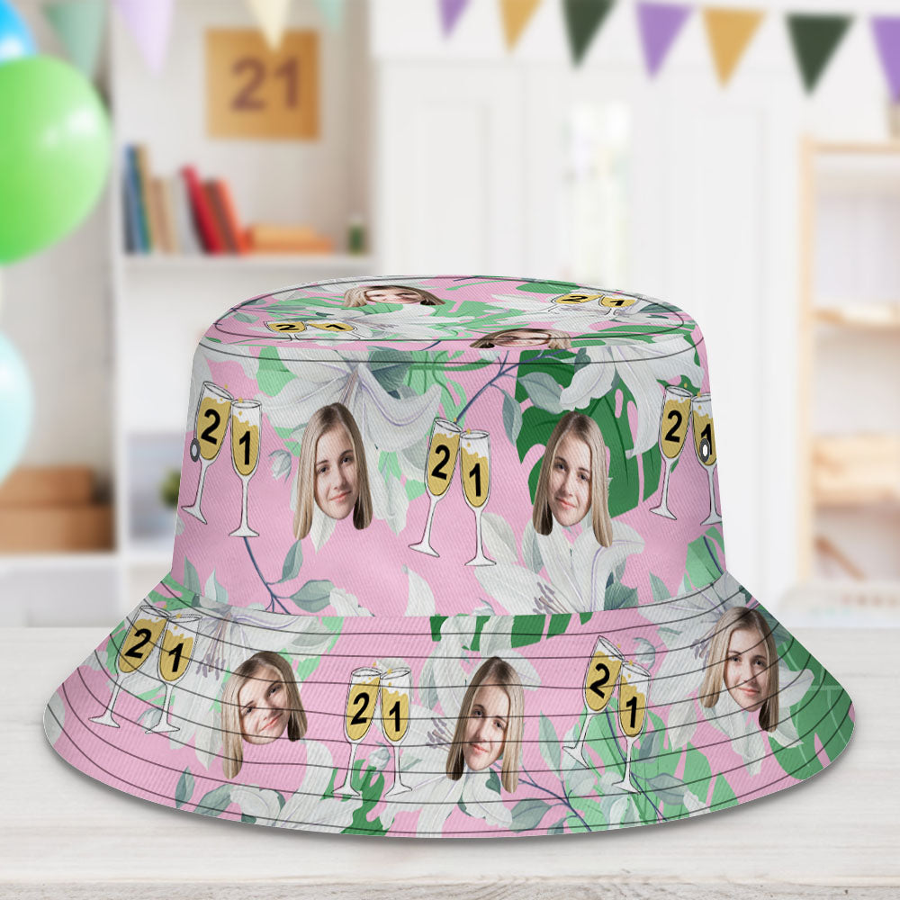 Custom Face Bucket Hat Number in Wine Glass Pink And Green Sleeves Face Bucket Hat Gift for Him - MyhawaiianshirtsUK