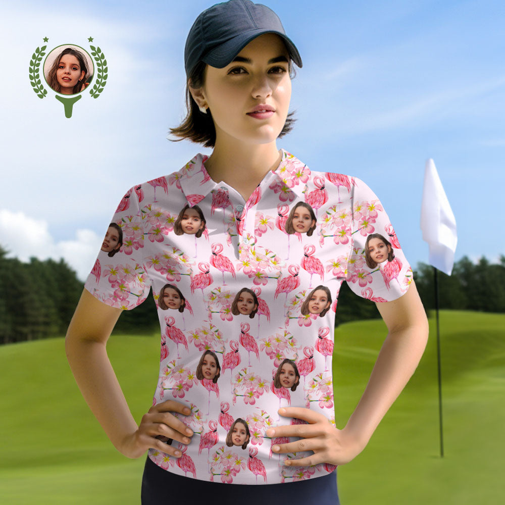 Custom Face Women Polo Shirts Personalised Pink Flamingo Leaves - MyhawaiianshirtsUK