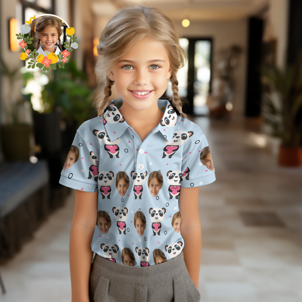 Custom Face Kids Polo Shirts Personalised Photo Shirt Cute Panda - MyhawaiianshirtsUK