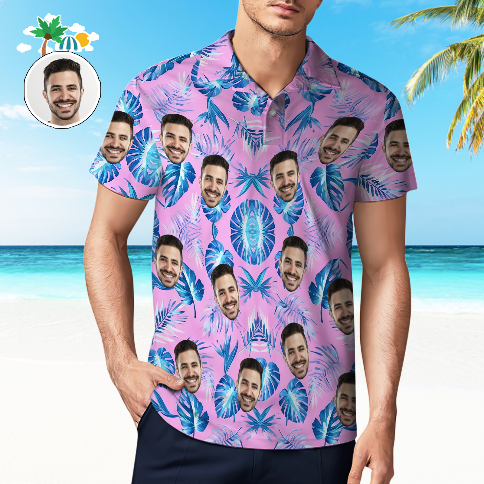 Custom Men's Face Polo Shirt Personalized Blue Palm Leaf Fashion Polo Shirt - MyhawaiianshirtsUK