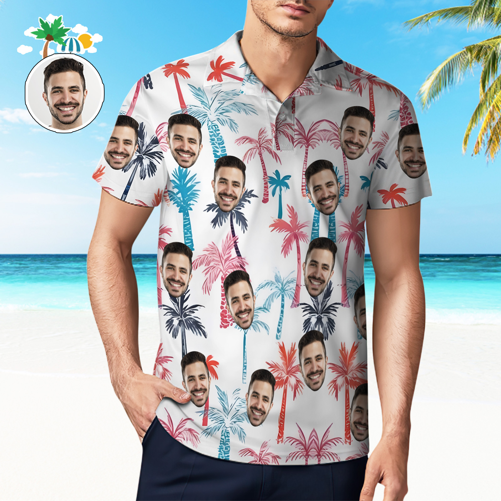 Custom Men's Golf Shirts Personalized Face Red And Blue Coconut Tree Polo Shirt - MyhawaiianshirtsUK