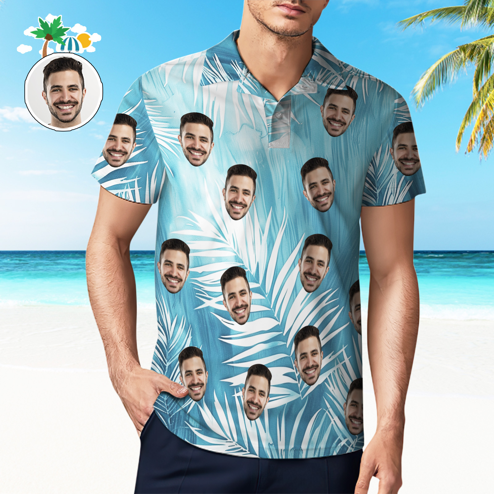 Custom Light Blue Hawaiian Golf Shirts Personalized Face Polo Shirt For Men Gifts For Him - MyhawaiianshirtsUK