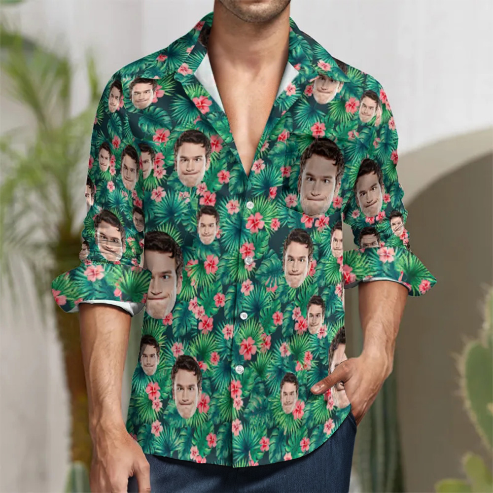 Custom Face All Over Print Long Sleeve Shirt Red Flowers Design