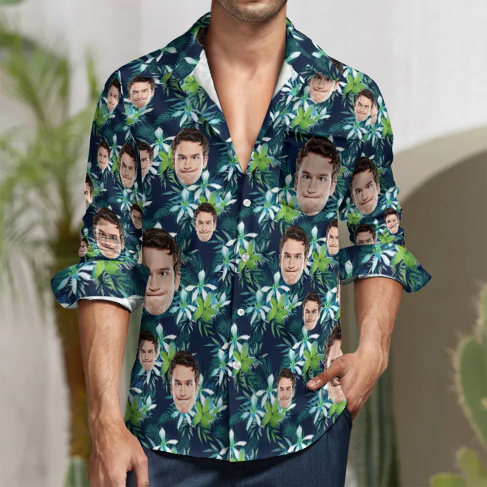 Custom Face All Over Print Long Sleeve Shirt Leaves and Petal Design