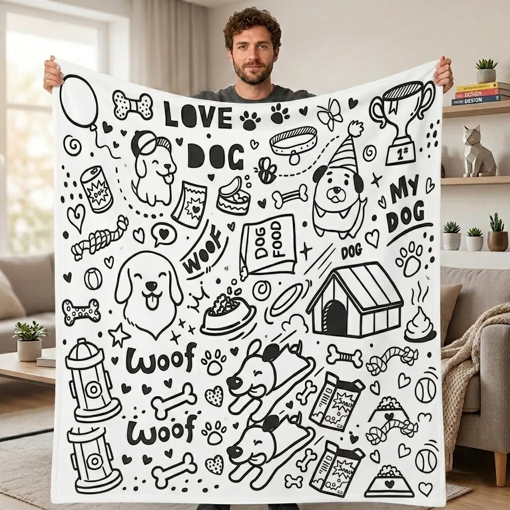DIY Creative Doodle Blanket, Dog & Woof,  Customizable Washable Colorfast Art Blanket for Kids & Adults - MyhawaiianshirtsUK