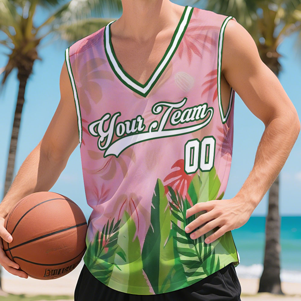 Custom Basketball Jersey Tropical Beach Theme Custom V Shape Shirt with Name & Number - MyhawaiianshirtsUK