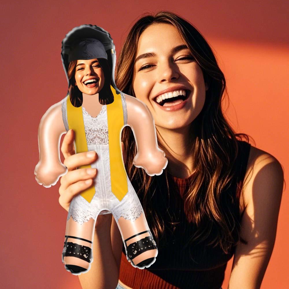Custom Face Inflatable Grad Doll White Dress with Yellow Stole Personalized Graduation Air Minime Doll - MyhawaiianshirtsUK