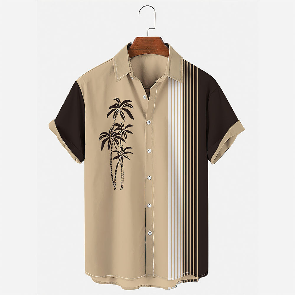 Men's Vintage Hawaiian Shirts Casual Palm Tree Print Striped Khaki Hawaiian Shirts for Men-MyHawaiianShirts