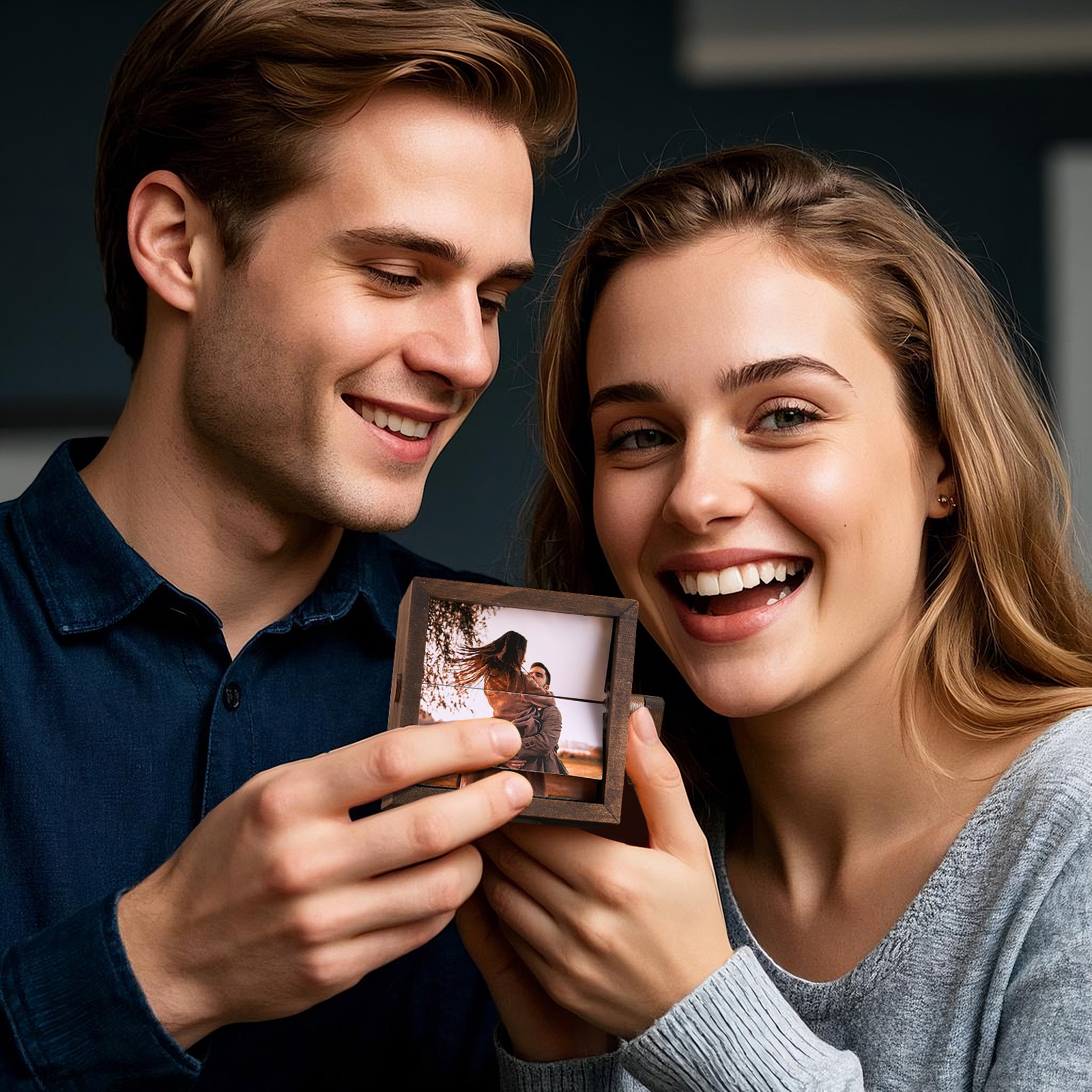 Custom Hand-Cranked Flipbook Photo Cube Walnut Coulpe Frame with Light Unique Gift Idea - MyhawaiianshirtsUK